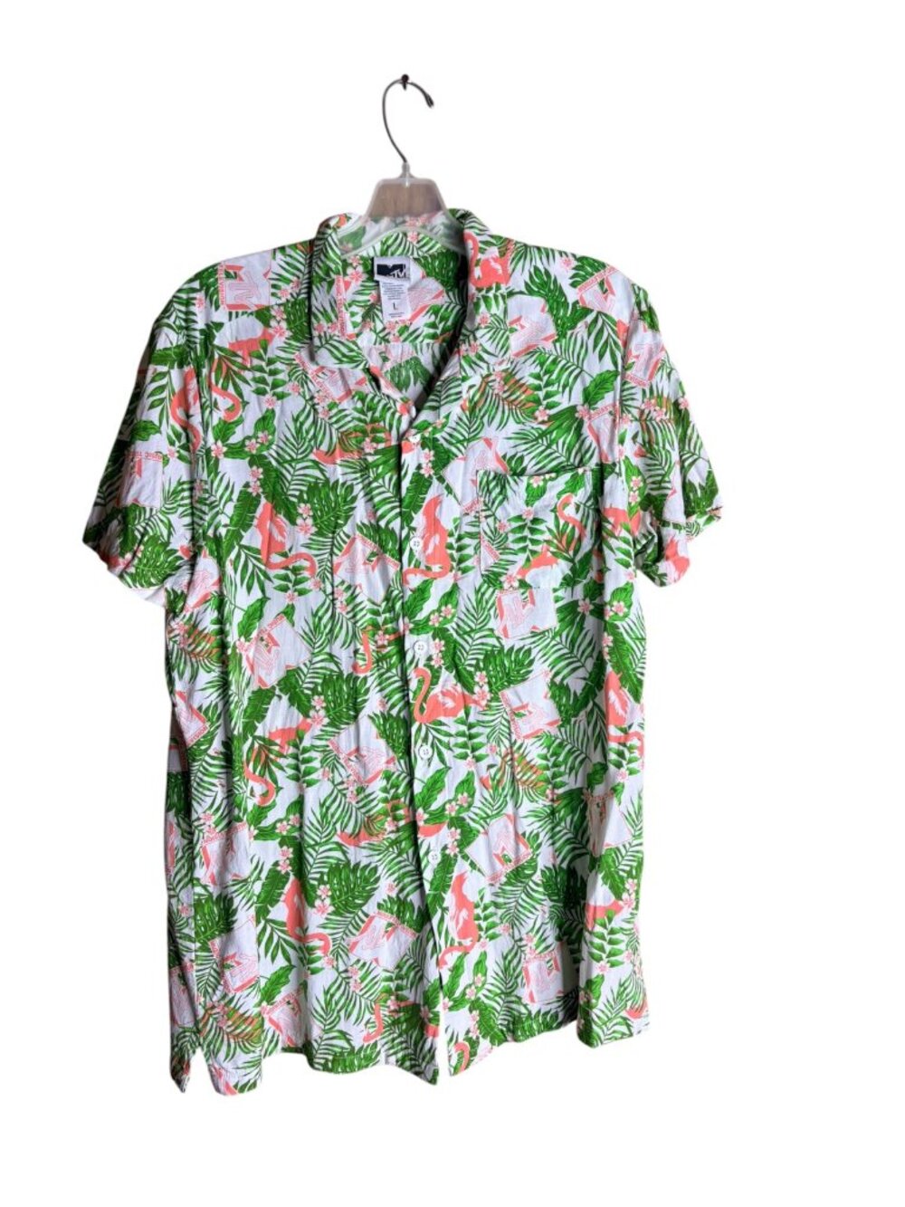 MTV Men’s Tropical Flamingo Hawaiian Button Up Shirt Size L Rayon